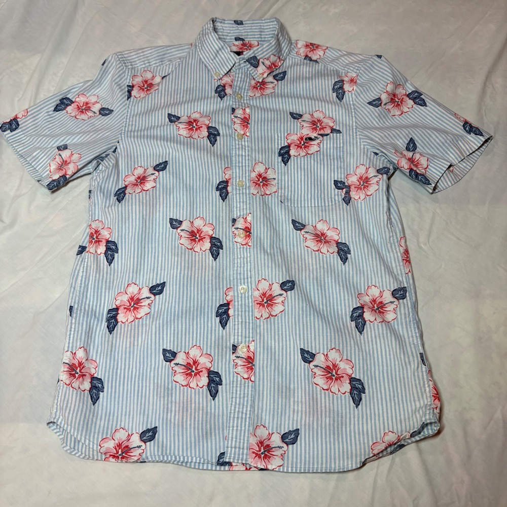 Vineyard Vines Classic Fit Hibiscus‎ Floral Striped Short Sleeve Shirt Blue Med